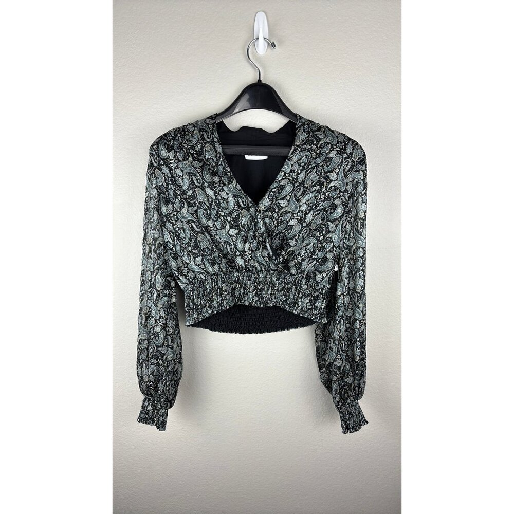 Lost + Wander - Small - Paisley Wrap V-Neck Cropped Blouse, Black/Grey, Long Sle
